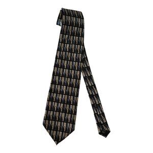 Vintage Mosaic 100% Silk Neck Tie Blue Black Tan Geometric Pattern Necktie Wide